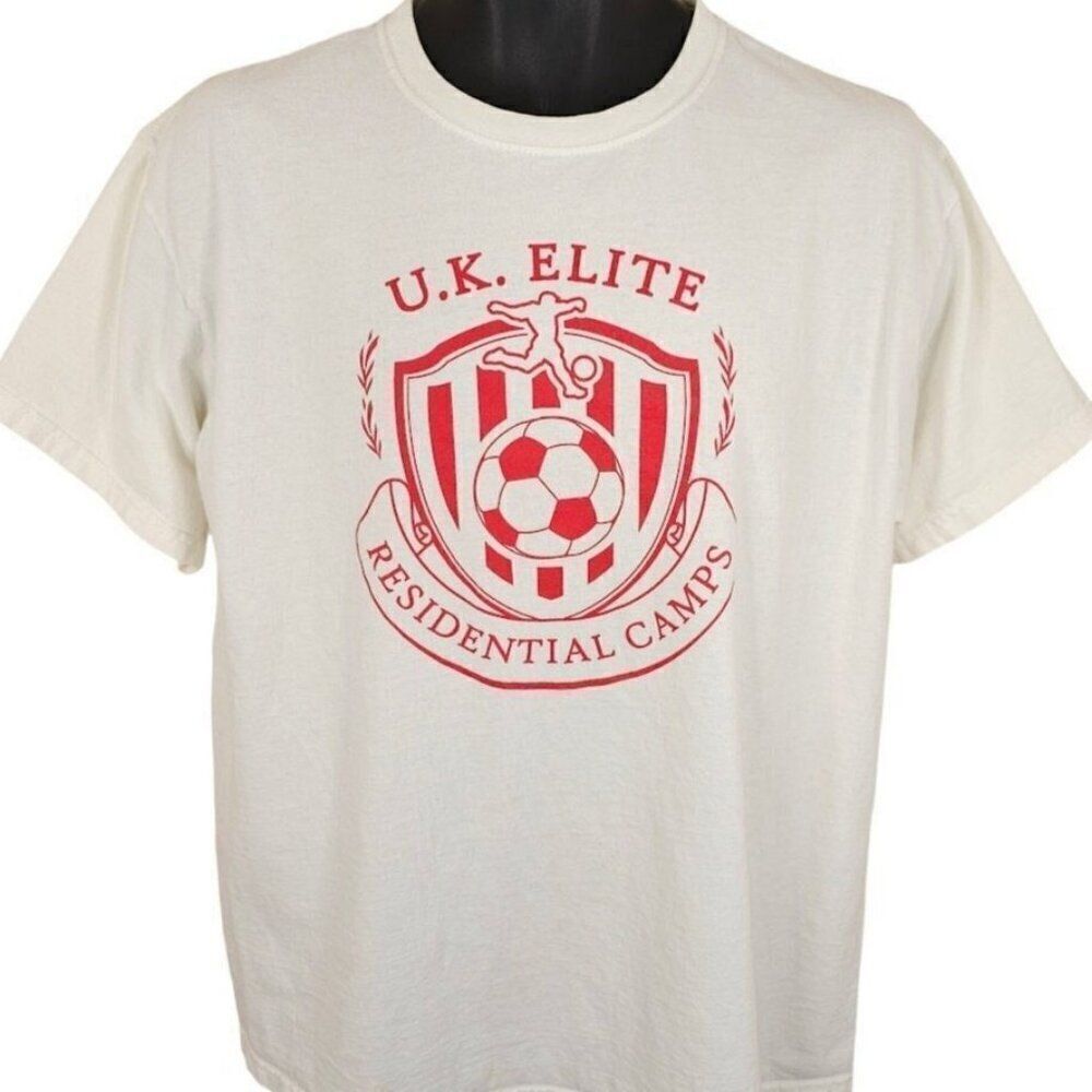 Vintage UK Elite Soccer T Shirt Mens Size Large White Y2K Football Futbal Camp
